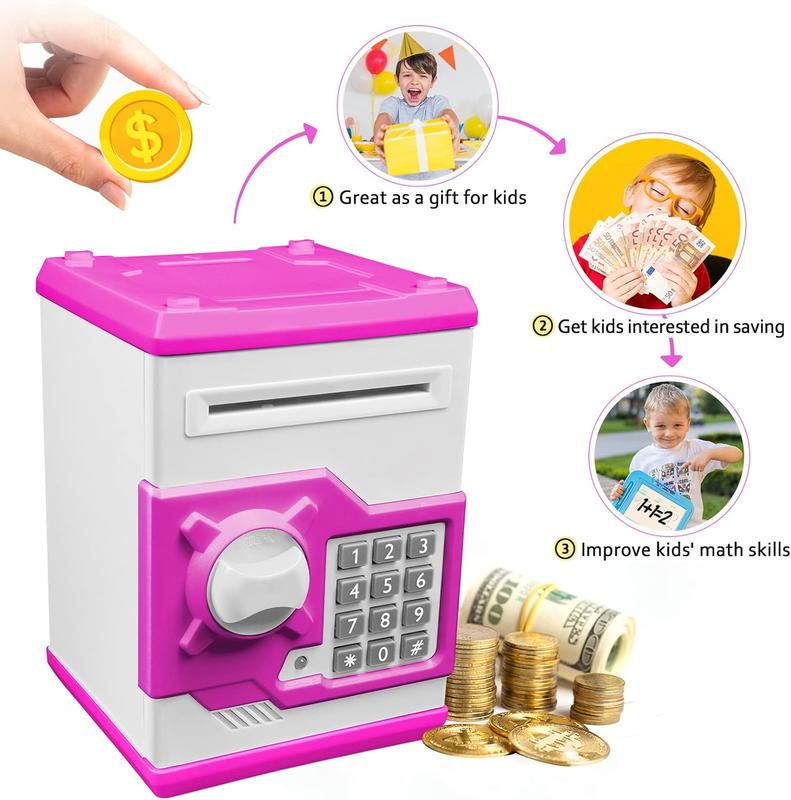 ATM Piggy Bank for Boys Girls,  Mini ATM Coin Bank Money Saving Box with Password, Kids Safe Money Jar for Adults with Auto Grab Bill Slot, Great Gift Toy Bank for Kids (Purple+White)