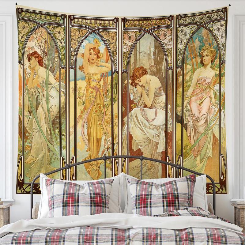 Vintage Art Style Ladies Pattern Tapestry, 1 Count Aesthetic Wall Hanging Blanket, Wall Art Decor for Home Living Room Bedroom School Gallery