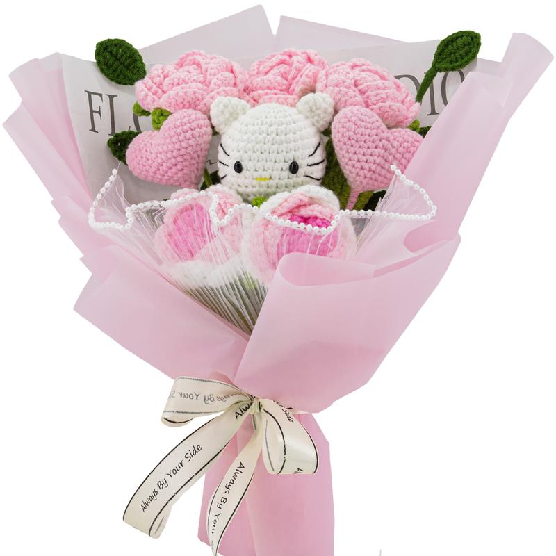 YShomy Handmade Wrapped Crochet Bouquet, Knitted of Flowers, Artificial, Fake, Woven, Longlasting, Wedding Everlasting Floral Croc Her Bouquet, Roses, Eucalyptus, Pink Heart, Cotton Flower, Decorative Gift, Pink Rose Set, Yarn Plants Ornaments