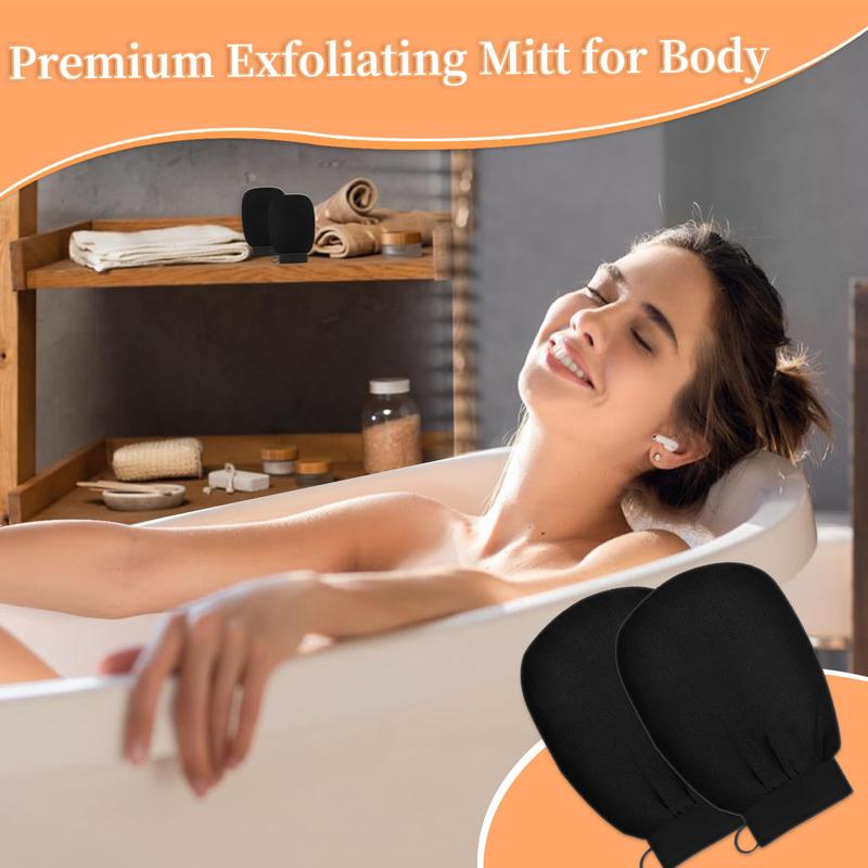 Exfoliating Glove Body Scrubber, Premium Exfoliating Mitt for Normal to Dry Skin, Body Exfoliator for Self-Tan Removal and Applicationin, Made of Viscose Fiber （2 Black）