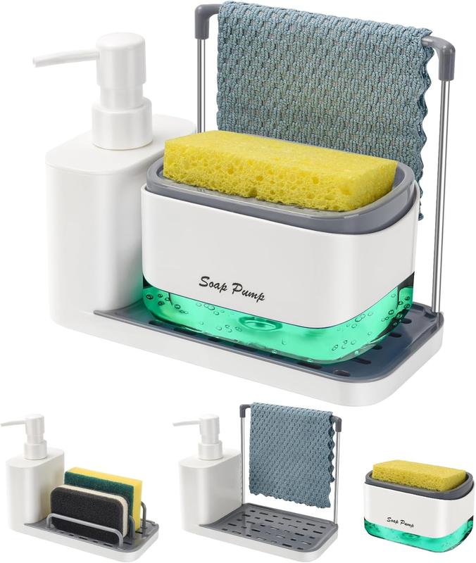 Hand and Dish Soap Dispenser Set with Tray, Dual Soap Dispenser with Sponge Holder and Dishcloth Holder 5-in-1 Organizer for Kitchen Sink Countertop Storage Organize - Useful Kitchen Gadgets (Black)