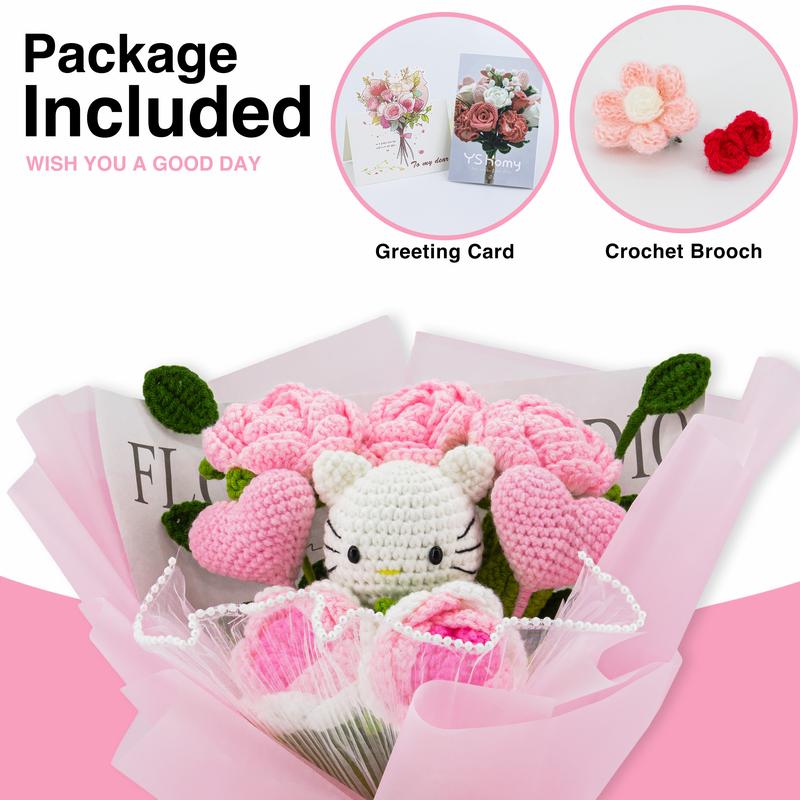 YShomy Handmade Wrapped Crochet Bouquet, Knitted of Flowers, Artificial, Fake, Woven, Longlasting, Wedding Everlasting Floral Croc Her Bouquet, Roses, Eucalyptus, Pink Heart, Cotton Flower, Decorative Gift, Pink Rose Set, Yarn Plants Ornaments