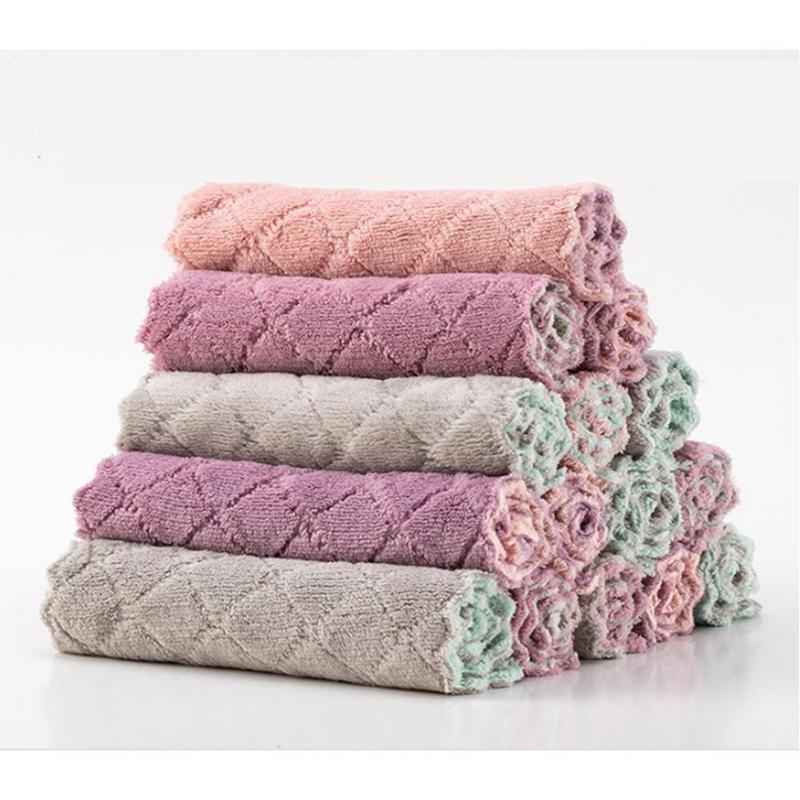 10pcs Random Color Coral Fleece Dishwashing Cloth, Reusable Cleaning Towel, Thicken Dishcloth For Kitchen