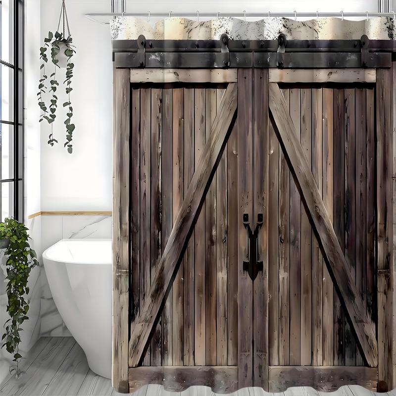 1pc Rustic Western Shower Curtain - Waterproof, Dark Brown Wooden Barn Door Design, Machine Washable, Woven Polyester Fabric with Plastic Hooks - Perfect for Bathroom Home Decoration and Adding a Touch of Country Charm