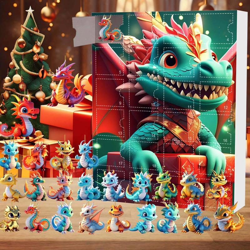 Dragon Advent Calendar Gifts, 1 Box 24 Days Countdown Calendar with 24 Unique 2D Acrylic Dragon Pendant, Dragon Toy, Christmas Countdown Calendar