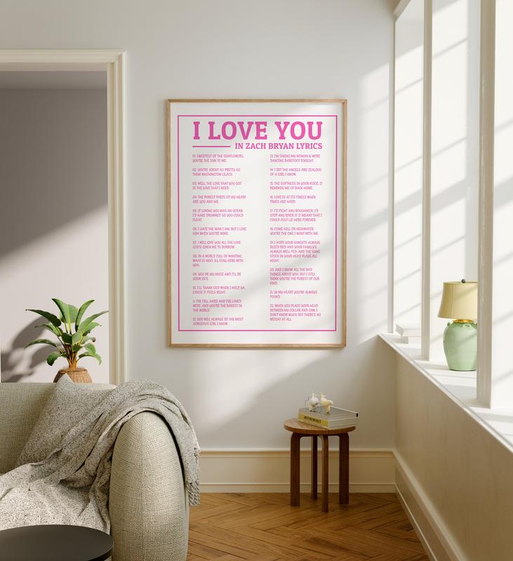 Zach Wall Art Printable, I Love You in Zach Lyrics Poster, Bryan Coastal Cowgirl Poster, Bryan Tour Merch, Pink West Gallery Wall