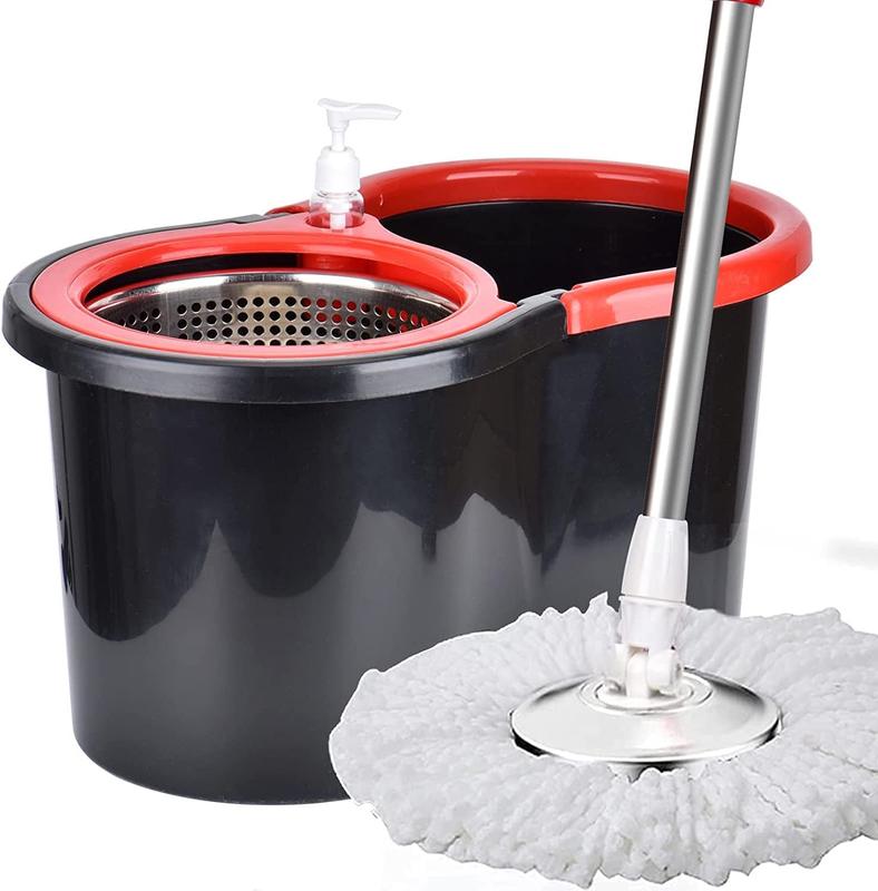 360 Spin Mop and Bucket with 3 Replacement Heads, Stainless Steel Mop Bucket 61 Inch Adjustable Handle for Floor Cleaning