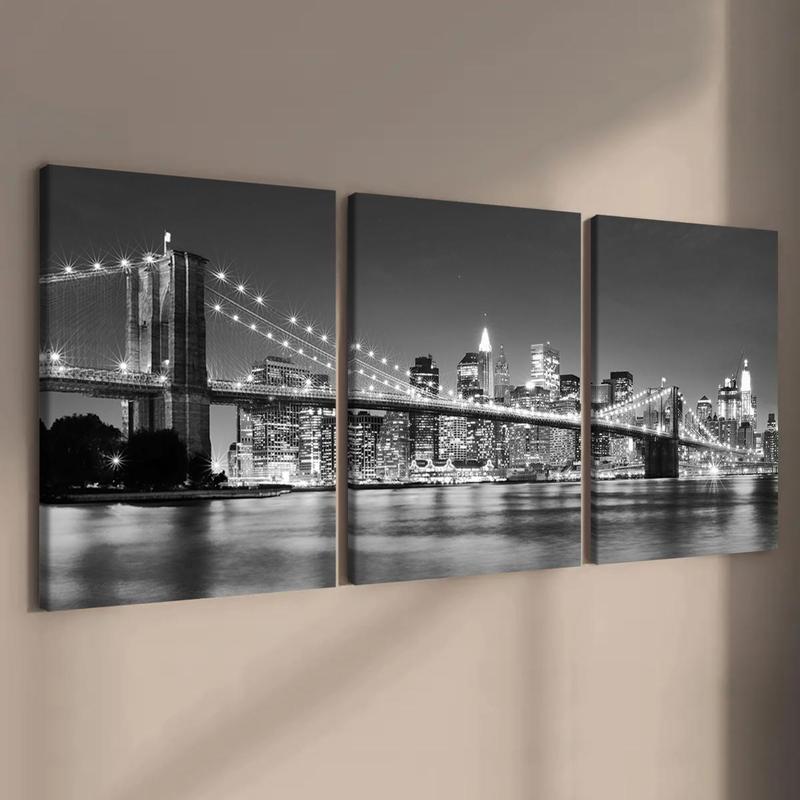 Cityscape Pattern Canvas Painting with Wooden Frame, 3 Counts set Modern Art Wall Decor, Exquisite Landscape Painting,  Canvas Art Home Decor, Wall Art Painting Room Decor, Christmas 2024 Ornament, Christmas Gift Ideas, Stocking Stuffers, Interior Design