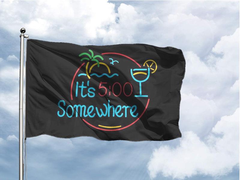 It's 5 O'Clock Somewhere Flag Novelty Party Flag 3x5 ft 100% Polyester With Two Yellow Buttonholes for Bar Beer House College Dorm Room Man Cave Tailgates and Parties