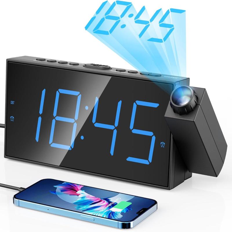 Digital Projection Alarm Clock for Bedroom Large LED Display 180° Rotatable Projector USB Charger Dual Alarm Snooze Battery Backup 12 24H DST Decor