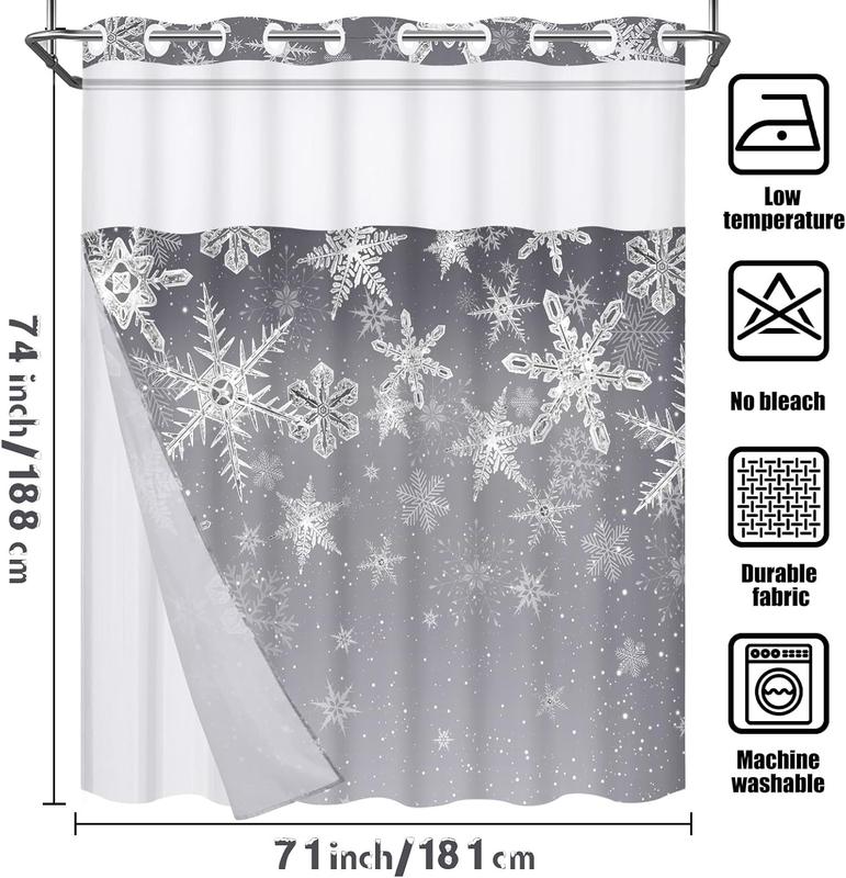 Christmas No Hook Shower Curtain with Snap in Liner, Snowflake Grey Ombre Christmas Shower Curtain Set for Bathroom, Waterproof Hotel Style with See Through Mesh Top Window, 71Wx74H, Grey