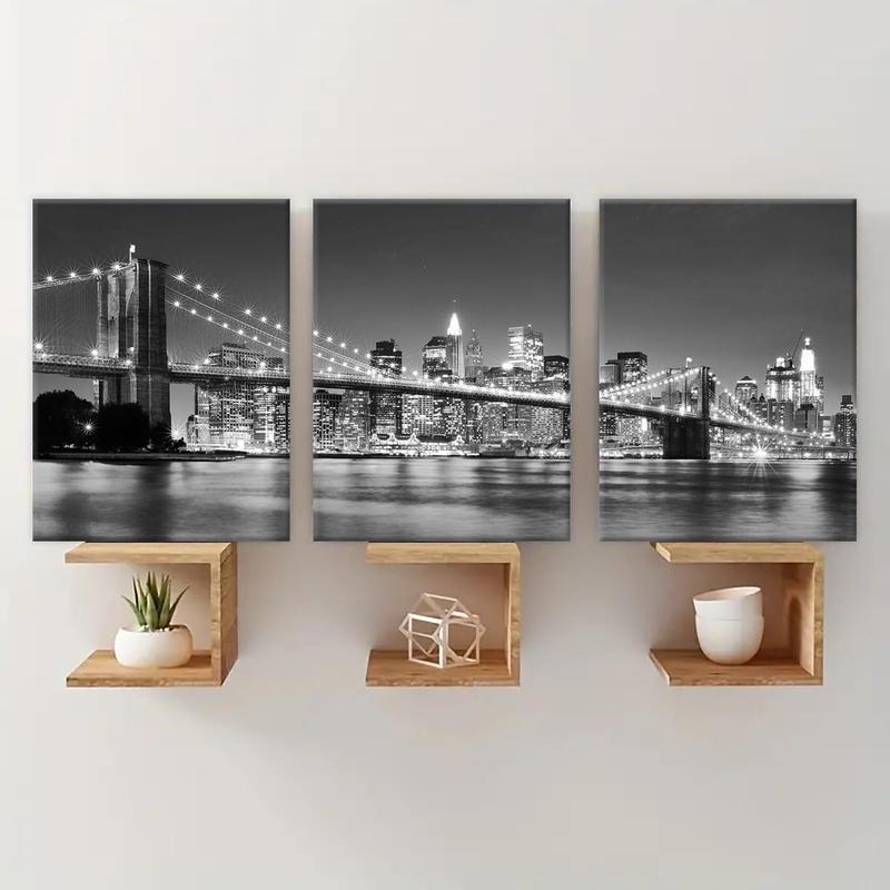 Cityscape Pattern Canvas Painting with Wooden Frame, 3 Counts set Modern Art Wall Decor, Exquisite Landscape Painting,  Canvas Art Home Decor, Wall Art Painting Room Decor, Christmas 2024 Ornament, Christmas Gift Ideas, Stocking Stuffers, Interior Design