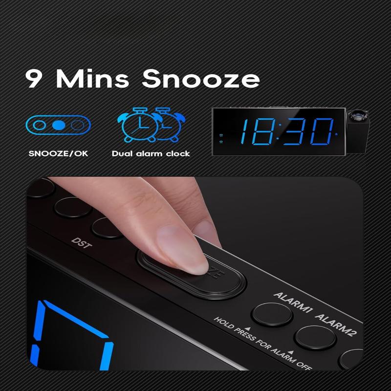 Digital Projection Alarm Clock for Bedroom Large LED Display 180° Rotatable Projector USB Charger Dual Alarm Snooze Battery Backup 12 24H DST Decor