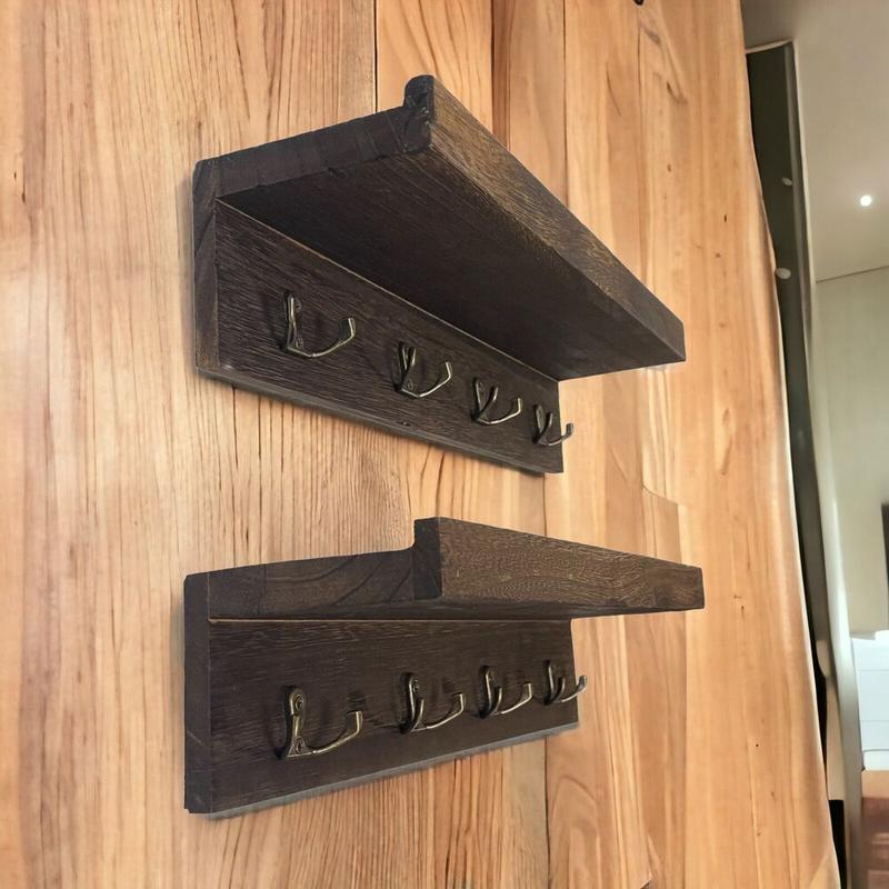 2 Count Wood wall Shelf key hook Wall Mounted Hanging Shelves Key Holder  Decor Set Wooden