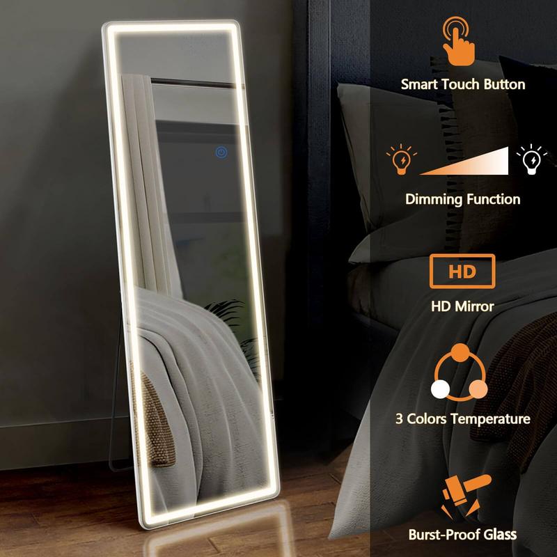 PINKUU LED Full Long Mirror with 3 Color Modes Dimmable Lights Standing Mirror, Wall Mounted Hanging Mirror, For Home Bedroom and Living Room, 64