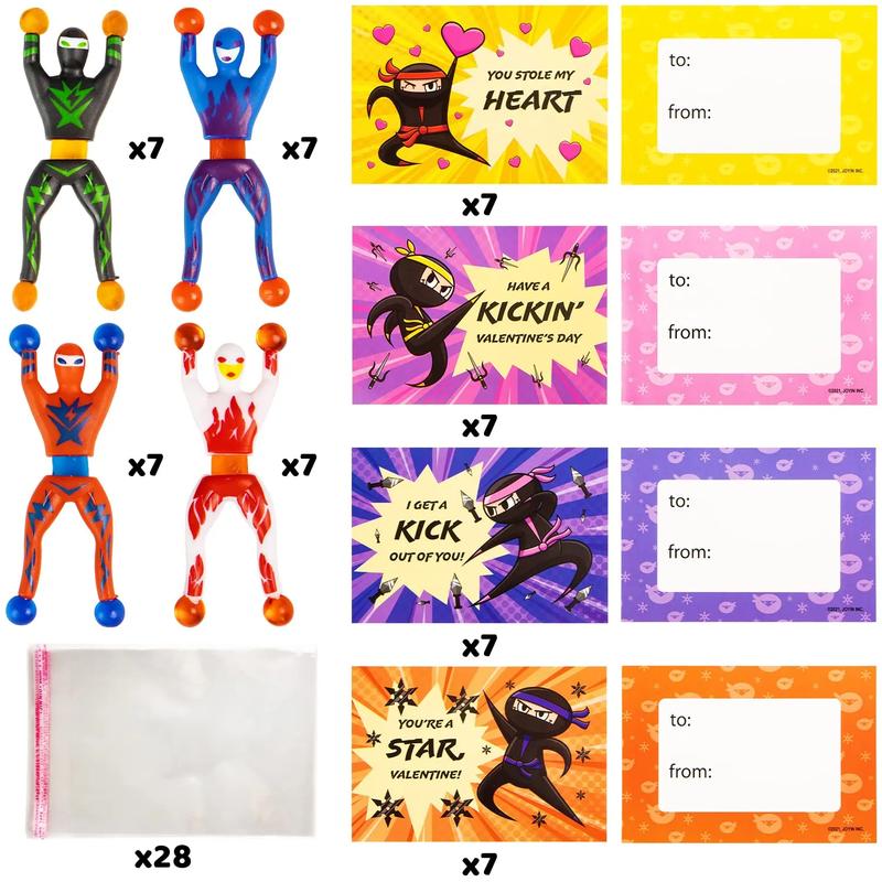 28Pcs Sticky Climbing Ninja with Kids Valentines Cards for Valentine Party Favors