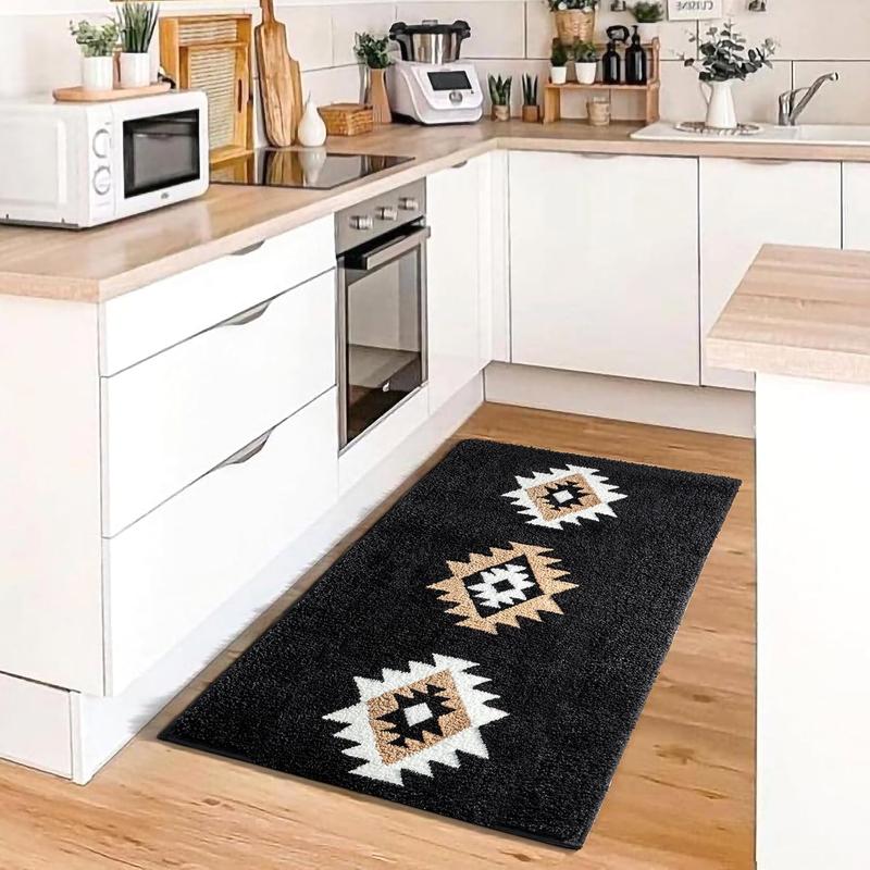 Boho Bathroom Rugs Black Aztec Bath Mat Non Slip Western Geometric Bath Rug Luxury Soft Absorbent Carpet for Bathroom Shower Kitchen Entryway Farmhouse Modern Decor 20x32