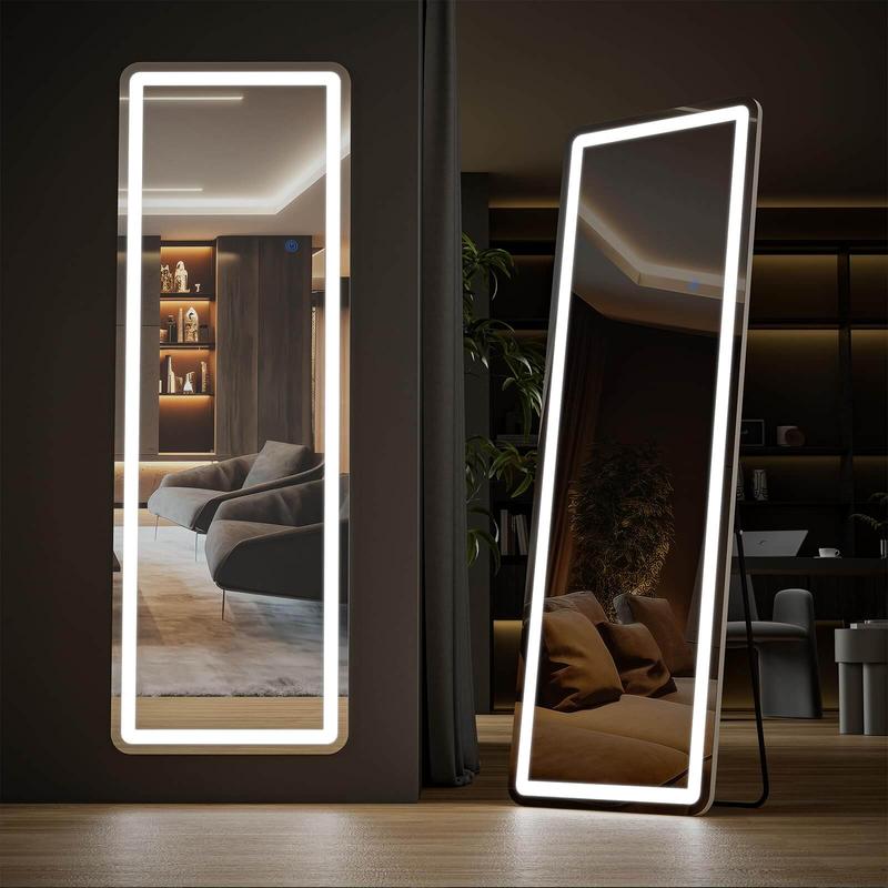 PINKUU LED Full Long Mirror with 3 Color Modes Dimmable Lights Standing Mirror, Wall Mounted Hanging Mirror, For Home Bedroom and Living Room, 64