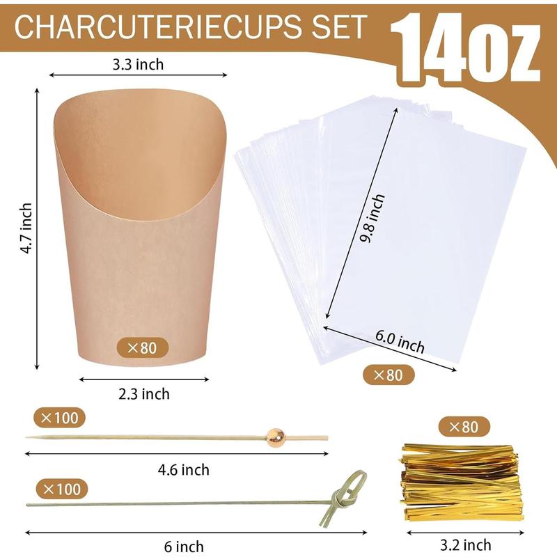 80 Packs Individual Disposable Charcuterie Cups with Sticks,80 Portable Bags, 200 Packs Cocktail Skewers,14oz Brown Paper Appetizer Cups for Fry, Food, Drinks, Party Supplies