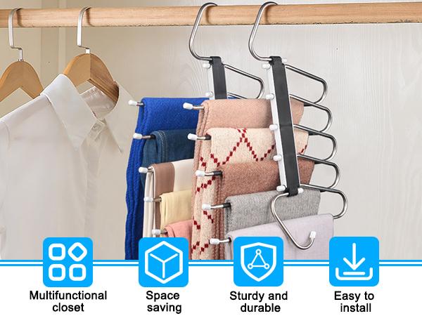 2 Pack Pants Hangers Space Saving Clothes Hanging 5 Layers, Non Slip Pant Hangers for Closet Organizers and Storage, Stainless Steel Jean Hangers Multifunctional Pants Rack for Trouser, Scarf, Skirt