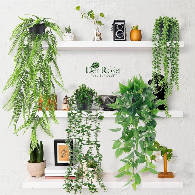 4 Pack 1 Plants Hanging with Pots Artificial Ivy Vine Faux Eucalyptus Hanging Plants, Boston Fern, String of Pearls for Home Room Wall Shelf Indoor Outdoor Decor