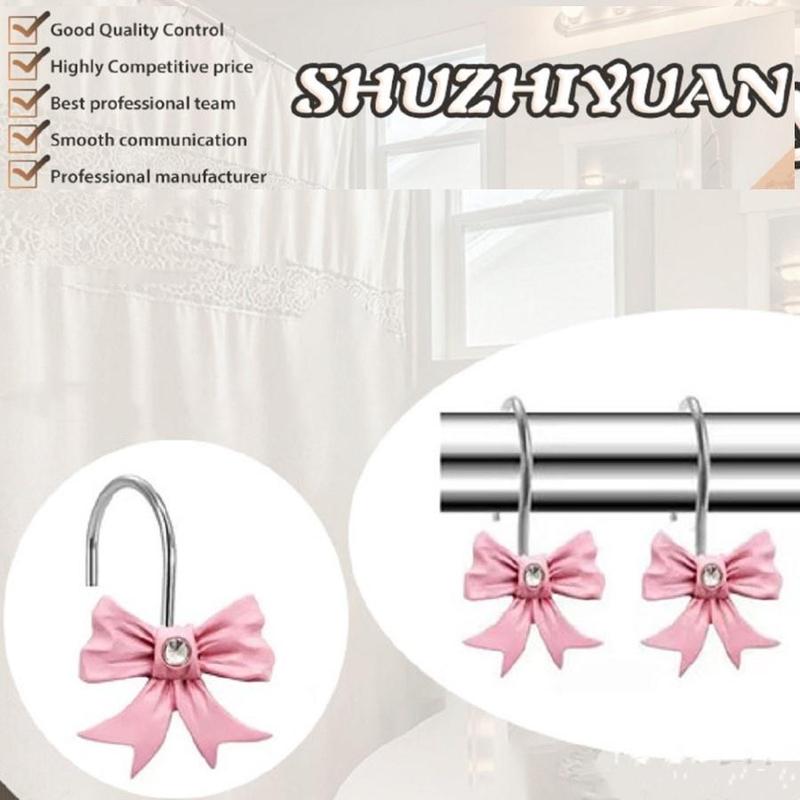 Bowknot Design Shower Curtain Hook, 12pcs box Rhinestone Decor Shower Curtain Hook, Decorative Shower Curtain Hook for Home Bathroom