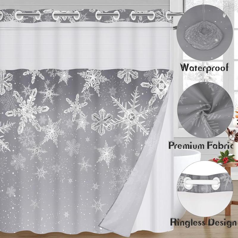 Christmas No Hook Shower Curtain with Snap in Liner, Snowflake Grey Ombre Christmas Shower Curtain Set for Bathroom, Waterproof Hotel Style with See Through Mesh Top Window, 71Wx74H, Grey