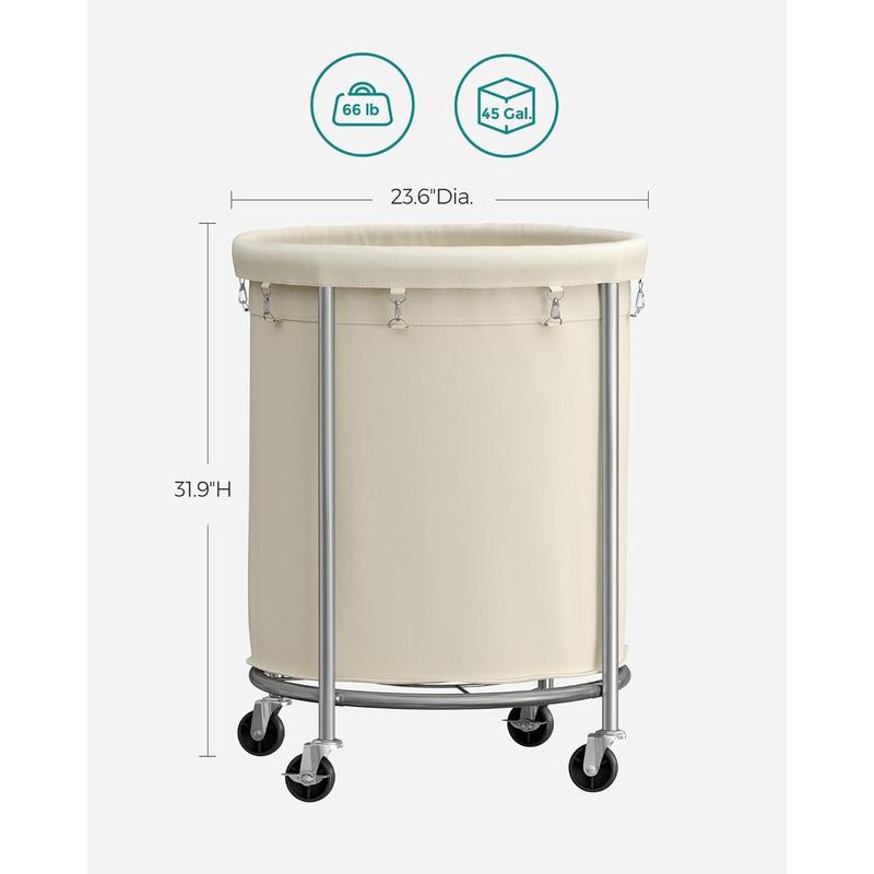 Laundry Basket with Wheels, Rolling Laundry Hamper, 45 Gal., Round Laundry Cart with Steel Frame and Removable Bag, 4 Casters and 2 Brakes, Cream and Silver URLS01MZ