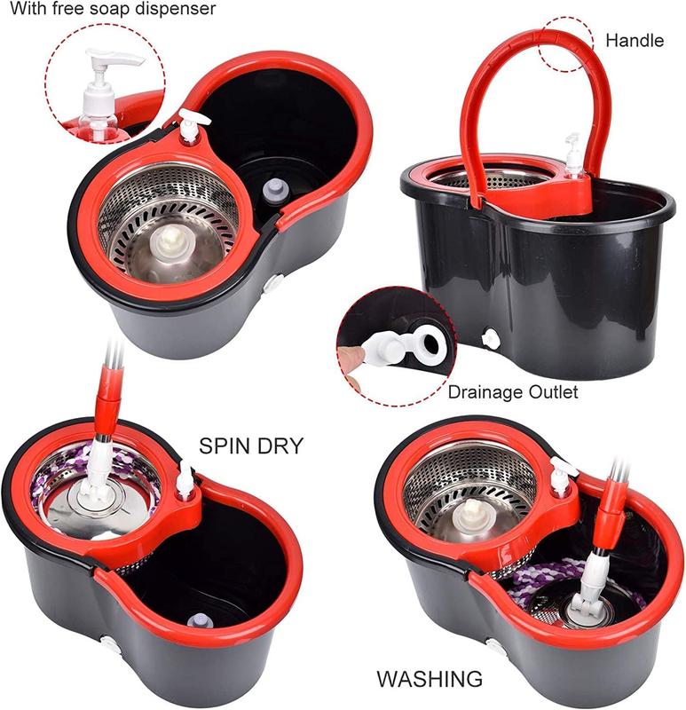 360 Spin Mop and Bucket with 3 Replacement Heads, Stainless Steel Mop Bucket 61 Inch Adjustable Handle for Floor Cleaning