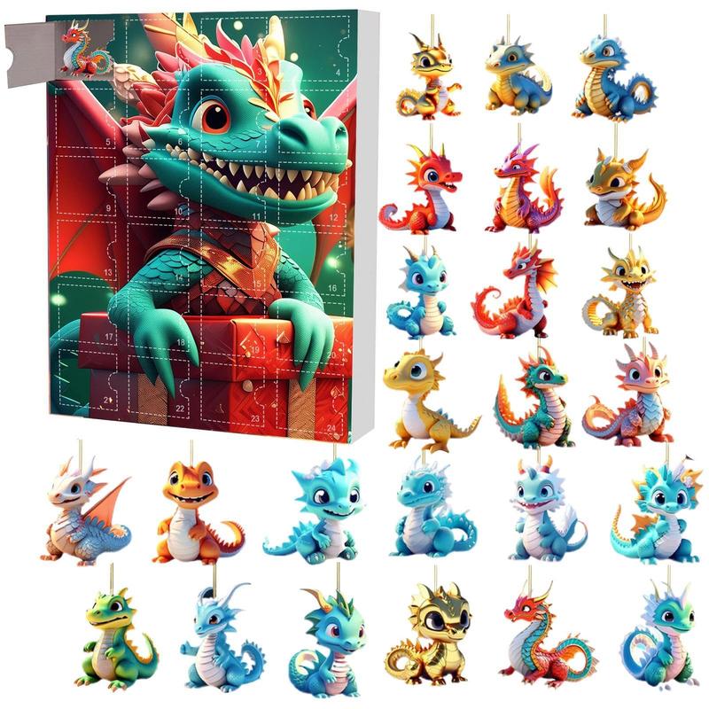 Dragon Advent Calendar Gifts, 1 Box 24 Days Countdown Calendar with 24 Unique 2D Acrylic Dragon Pendant, Dragon Toy, Christmas Countdown Calendar