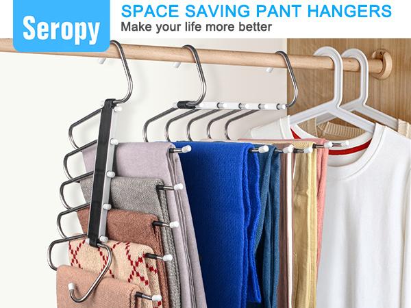 2 Pack Pants Hangers Space Saving Clothes Hanging 5 Layers, Non Slip Pant Hangers for Closet Organizers and Storage, Stainless Steel Jean Hangers Multifunctional Pants Rack for Trouser, Scarf, Skirt