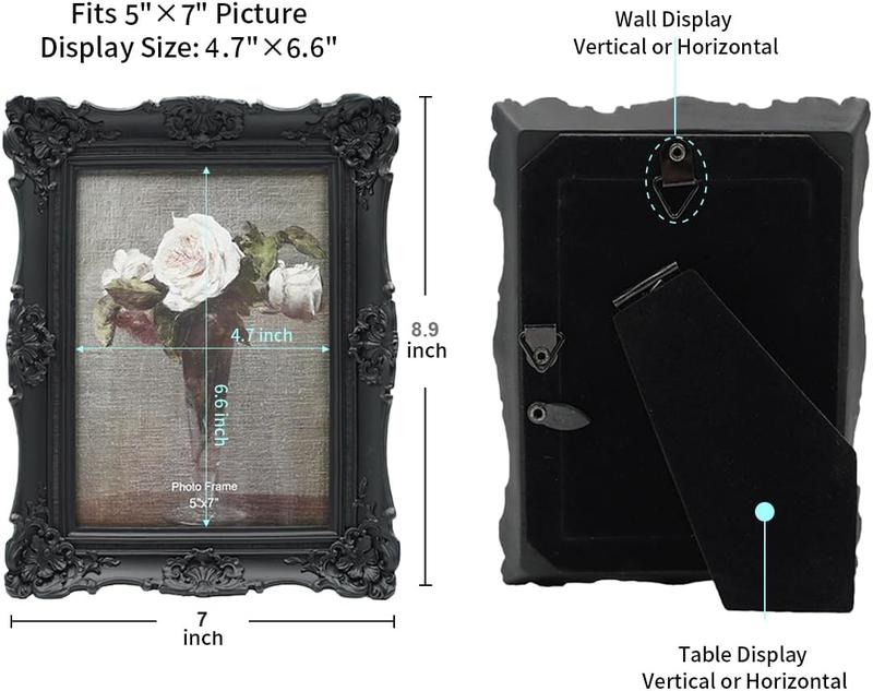 5x7 Vintage Picture Frame Antique Ornate Black Photo Frame, for Table Top and Wall Display, Decorative Floral Design Retro Home Decor, Photo Gallery Art