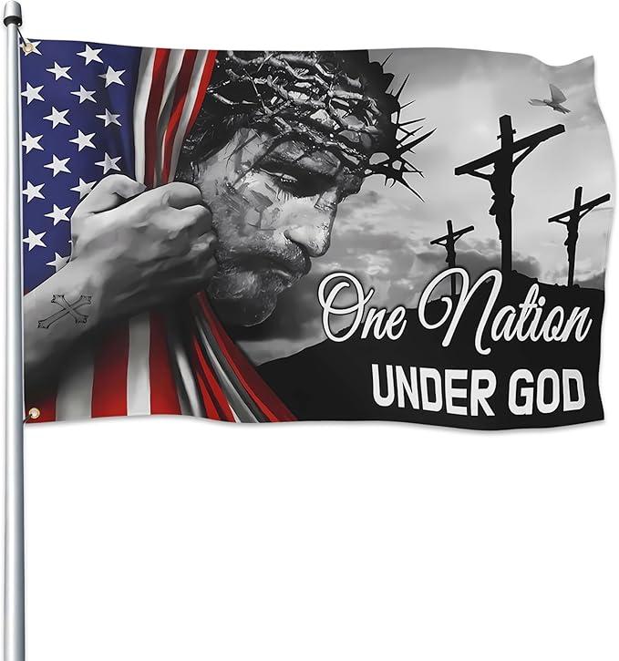 One Nation Under God Christian Flag Double Sided In God We Trust Jesus American Flag for Outdoor Patriotic Decor