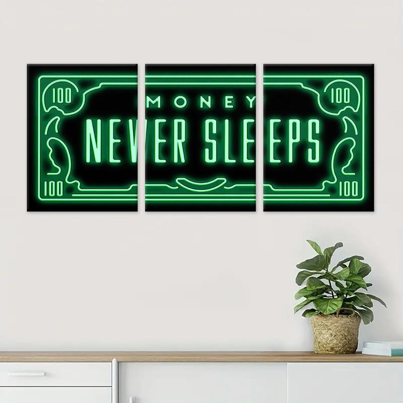 Money Neon Letter Pattern Framed Canvas Painting, 3 Counts Modern Art Wall Decor, Wall Art for Home Living Room Bedroom Office Room Decor, Christmas 2024 Ornament, Christmas Gift Ideas, Stocking Stuffers