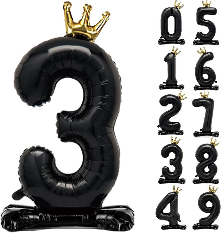 Standing Black Number 3 Balloon with Crown For  3rd Birthday Party Decoration, 40 Inch Number 3 Balloon