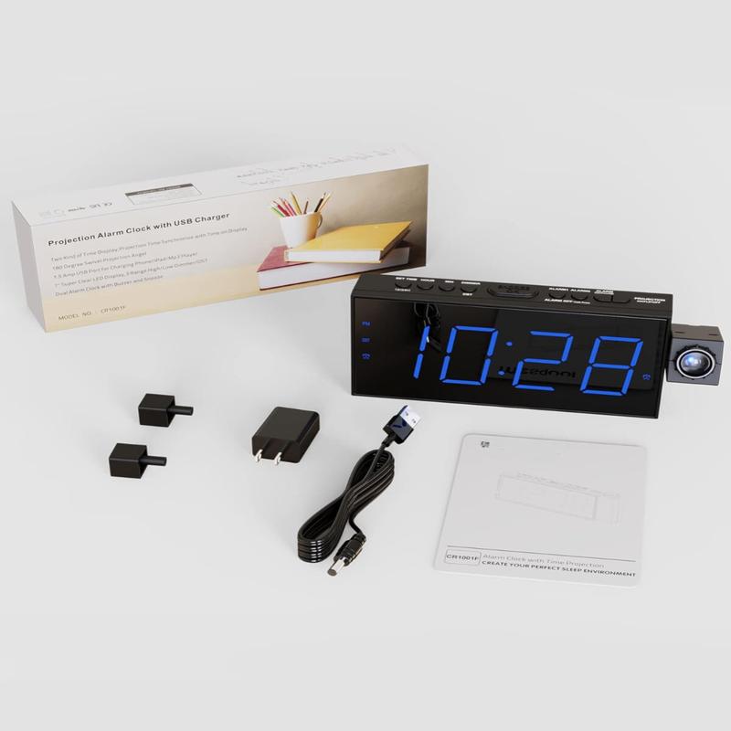 Digital Projection Alarm Clock for Bedroom Large LED Display 180° Rotatable Projector USB Charger Dual Alarm Snooze Battery Backup 12 24H DST Decor