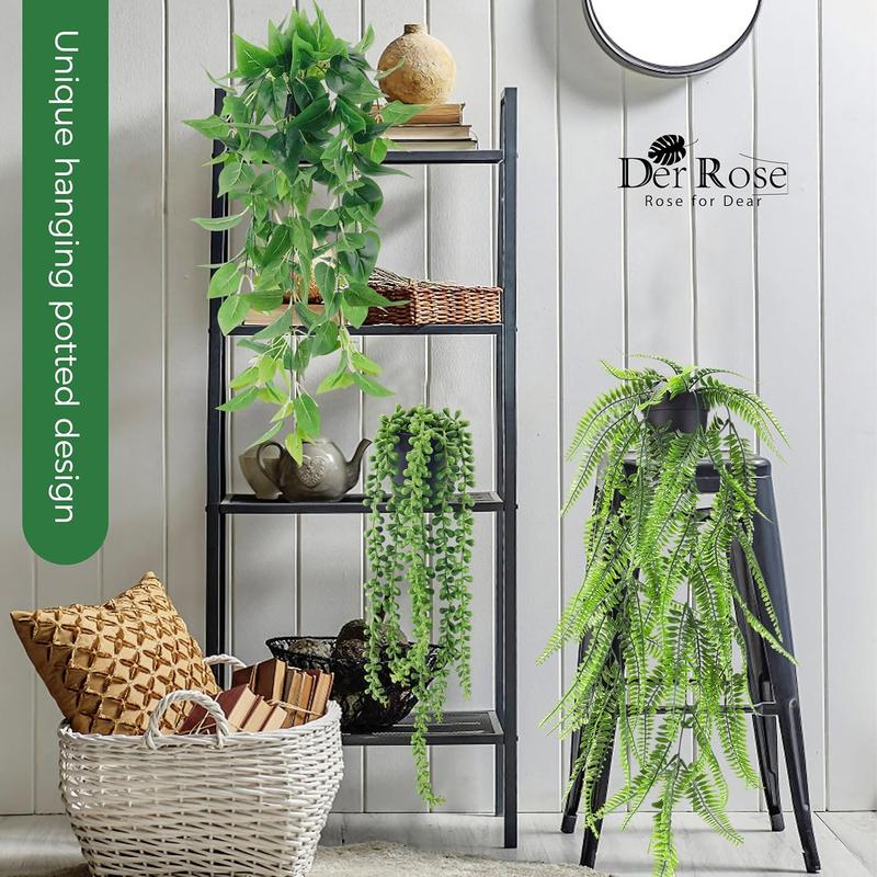 4 Pack 1 Plants Hanging with Pots Artificial Ivy Vine Faux Eucalyptus Hanging Plants, Boston Fern, String of Pearls for Home Room Wall Shelf Indoor Outdoor Decor