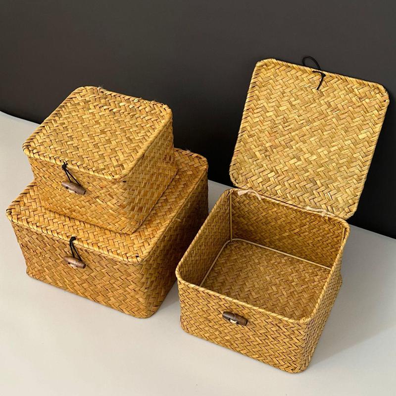 Rattan Storage Box with Lid, 1 Count Vintage Storage Box, Retro Home Organizer for Living Room Bedroom Dining Room Study Room