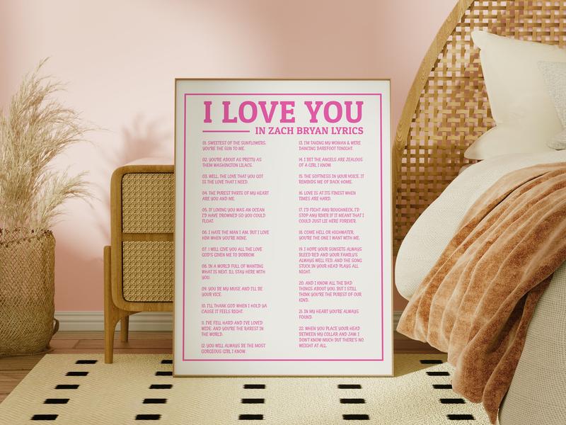 Zach Wall Art Printable, I Love You in Zach Lyrics Poster, Bryan Coastal Cowgirl Poster, Bryan Tour Merch, Pink West Gallery Wall