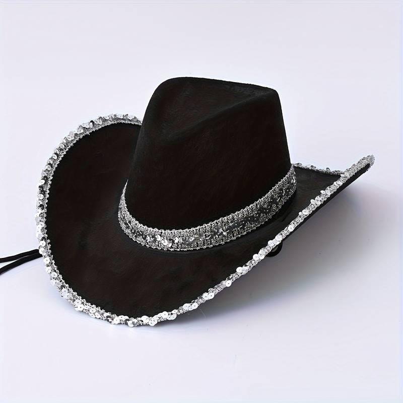 Cowgirl Hat with Sequin Trim, 1 Count Cowboy Hat for Women & Men, Party Hat for Birthday Wedding Festival, Party Decoration Supplies