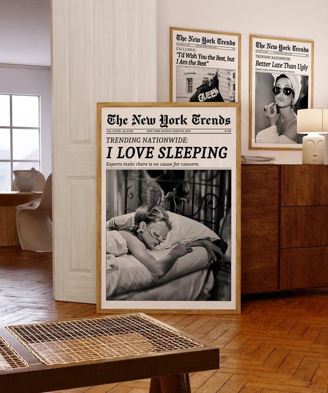 Trendy Newspaper Print, New York Times Wall Art, Woman Sleeping Print, Retro Magazine Poster, Vintage Bar Cart Print Decor Glossy