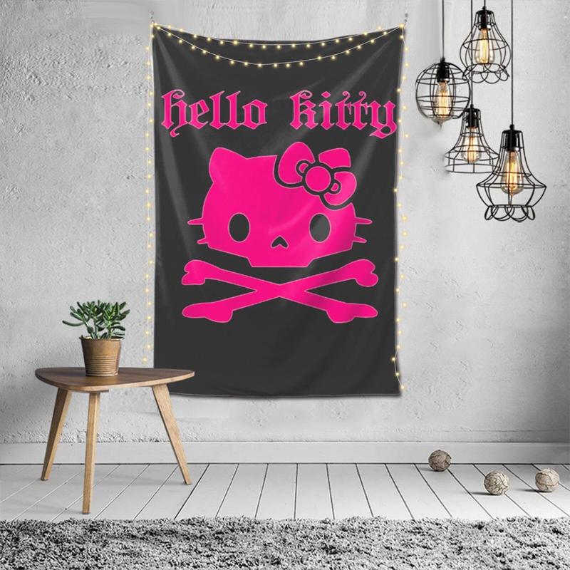 Hello Kitty Halloween Personalized Pink Kitten Skull Tapestry Black and White Skull Gothic Dark Wall Hanging Decorative Tapestry Suitable for Bedroom Aesthetic Alternative Room Decoration Artwork Gift