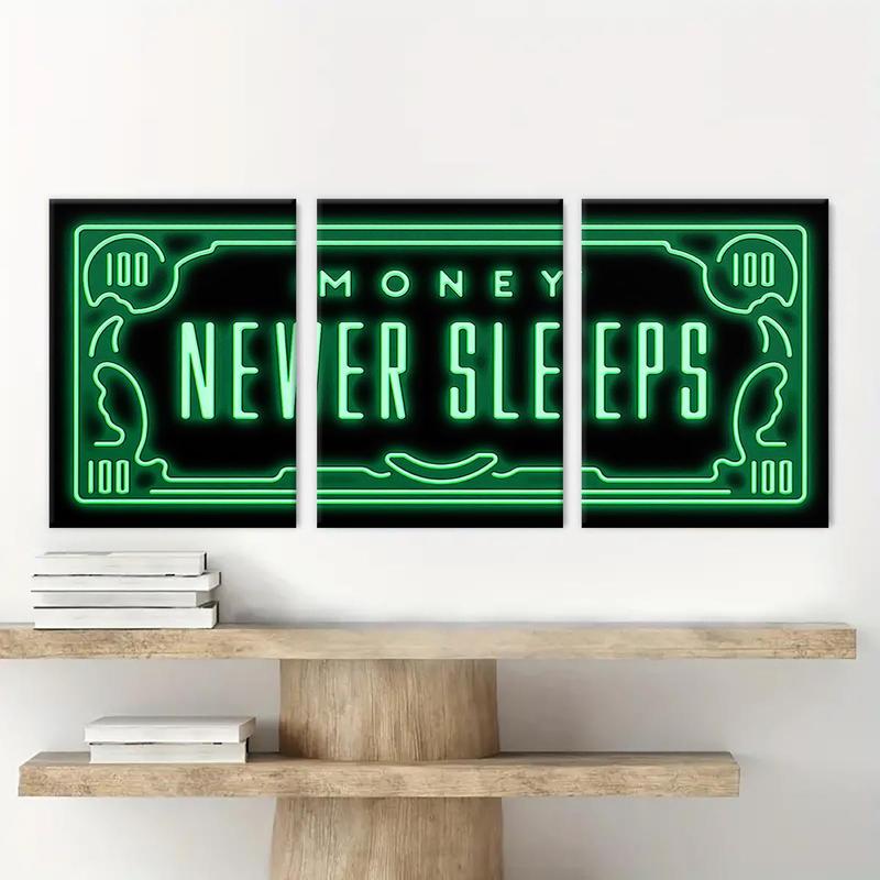 Money Neon Letter Pattern Framed Canvas Painting, 3 Counts Modern Art Wall Decor, Wall Art for Home Living Room Bedroom Office Room Decor, Christmas 2024 Ornament, Christmas Gift Ideas, Stocking Stuffers