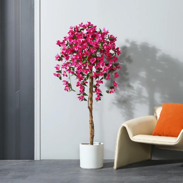 5FT Artificial Bougainvillea Flowers Tree with Wood Branches, Plant in Black Plastic Pot