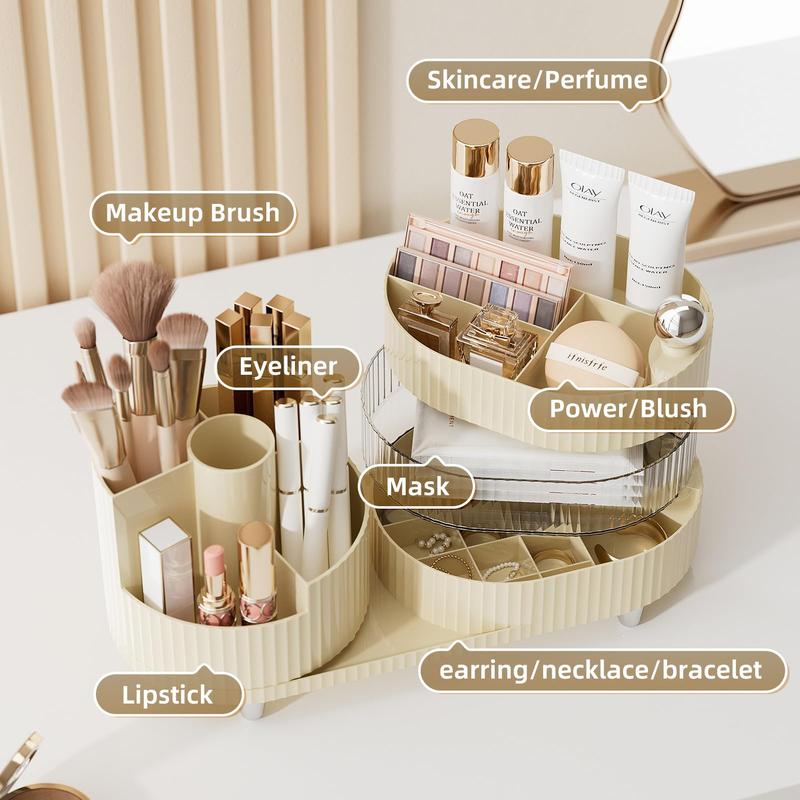 Upgraded 3 Tier Makeup Brush Holder Organizer, Rotating Makeup Organizers Countertop, Large Makeup organization and Skincare Storage for Vanity, Desktop, Bathroom (Cream White)