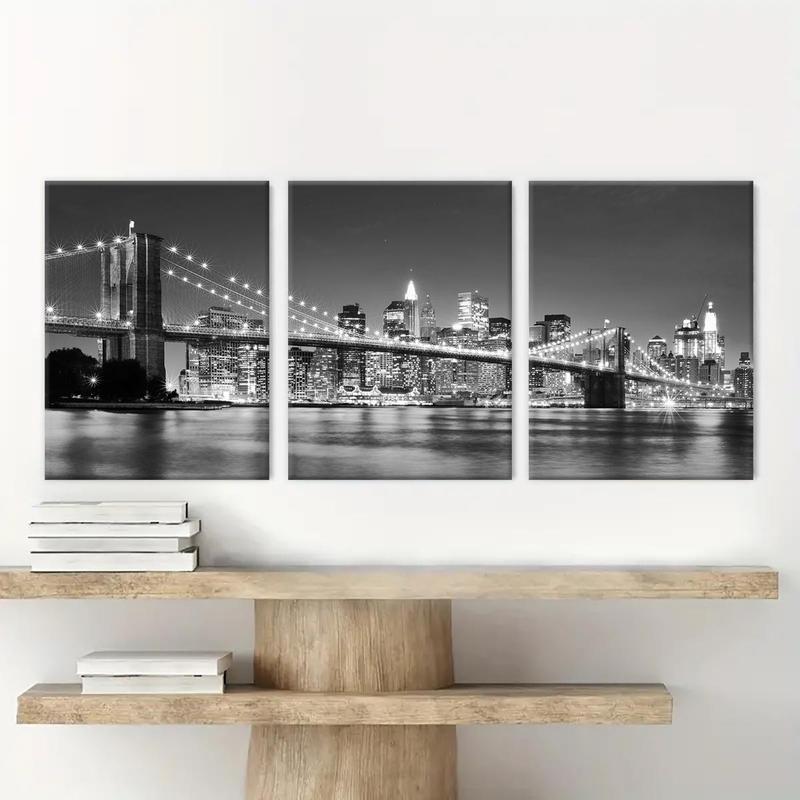 Cityscape Pattern Canvas Painting with Wooden Frame, 3 Counts set Modern Art Wall Decor, Exquisite Landscape Painting,  Canvas Art Home Decor, Wall Art Painting Room Decor, Christmas 2024 Ornament, Christmas Gift Ideas, Stocking Stuffers, Interior Design