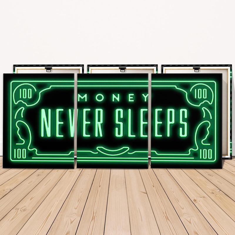 Money Neon Letter Pattern Framed Canvas Painting, 3 Counts Modern Art Wall Decor, Wall Art for Home Living Room Bedroom Office Room Decor, Christmas 2024 Ornament, Christmas Gift Ideas, Stocking Stuffers