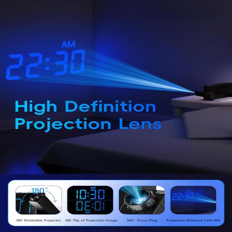 Digital Projection Alarm Clock for Bedroom Large LED Display 180° Rotatable Projector USB Charger Dual Alarm Snooze Battery Backup 12 24H DST Decor