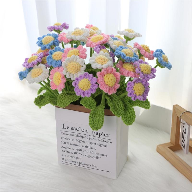 Artificial Knitted Flower Bouquet without Vase, 10pcs set Creative Handmade Crochet Flower, Home Decor Supplies for Living Room Bedroom Dining Room Decor