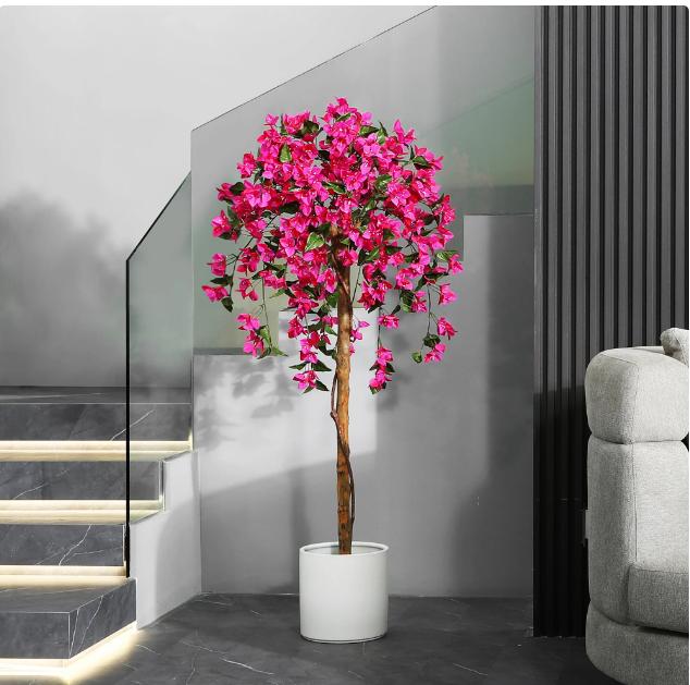 5FT Artificial Bougainvillea Flowers Tree with Wood Branches, Plant in Black Plastic Pot